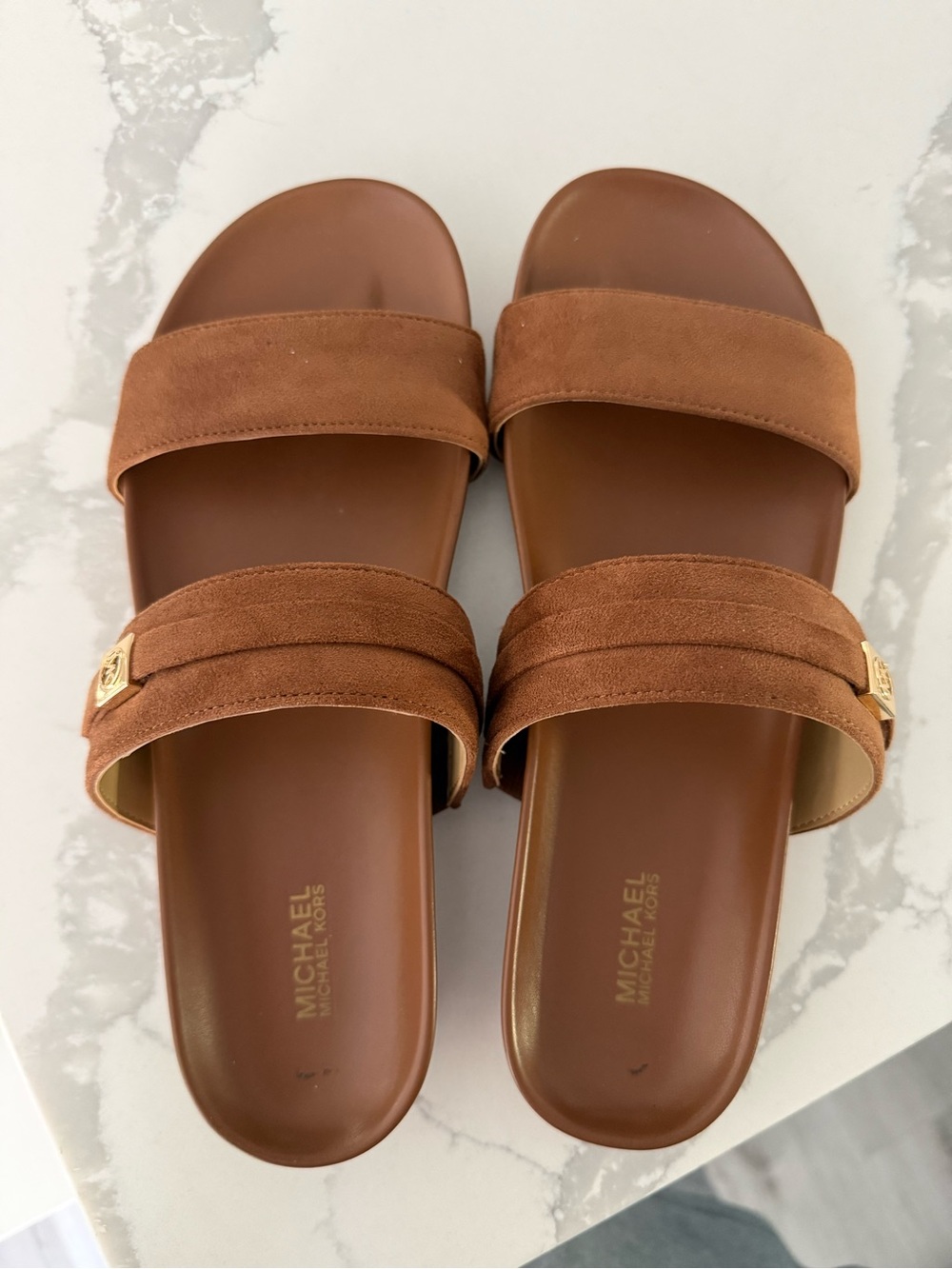 MICHAEL Michael Kors Tan Suede Double-Strap Slide Sandals
